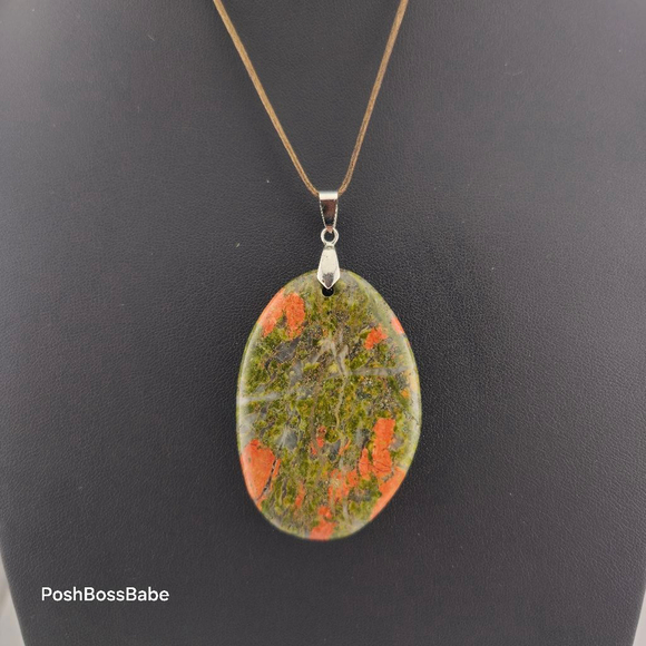 Unikite Carved Drop Pendant Natural Stone 2 inches on 24 inch Brown Cord - Picture 3 of 7